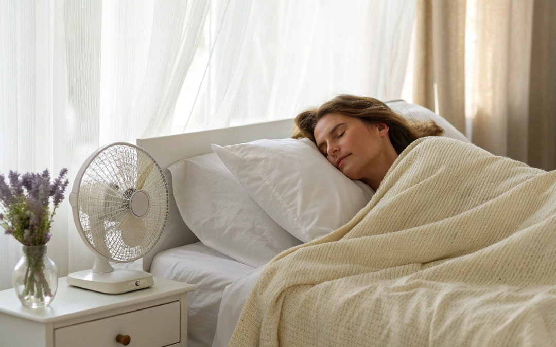 Woman sleeping cool with a fan, one of the natural remedies for hot flashes and night sweats.