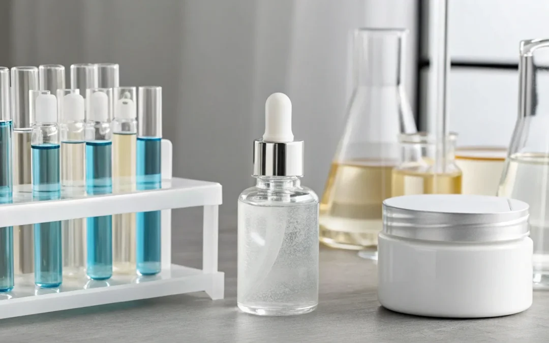 Scientific glassware with serums and creams for anti-aging peptide therapy.
