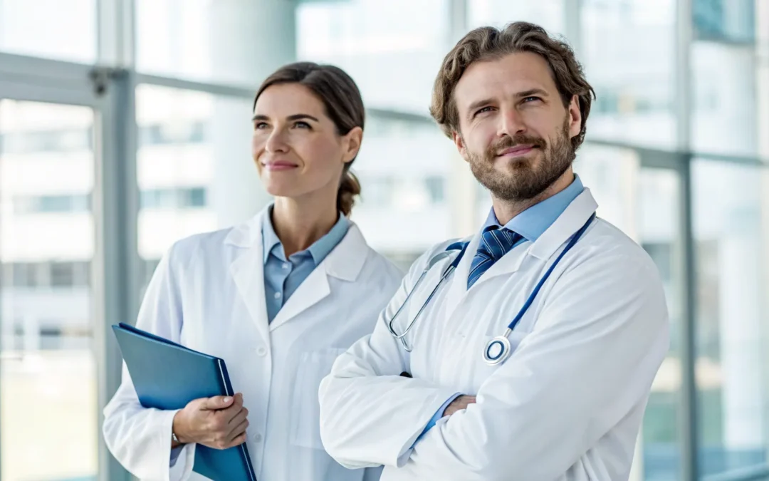 Two doctors discussing the pros and cons of bioidentical hormones in a medical office.