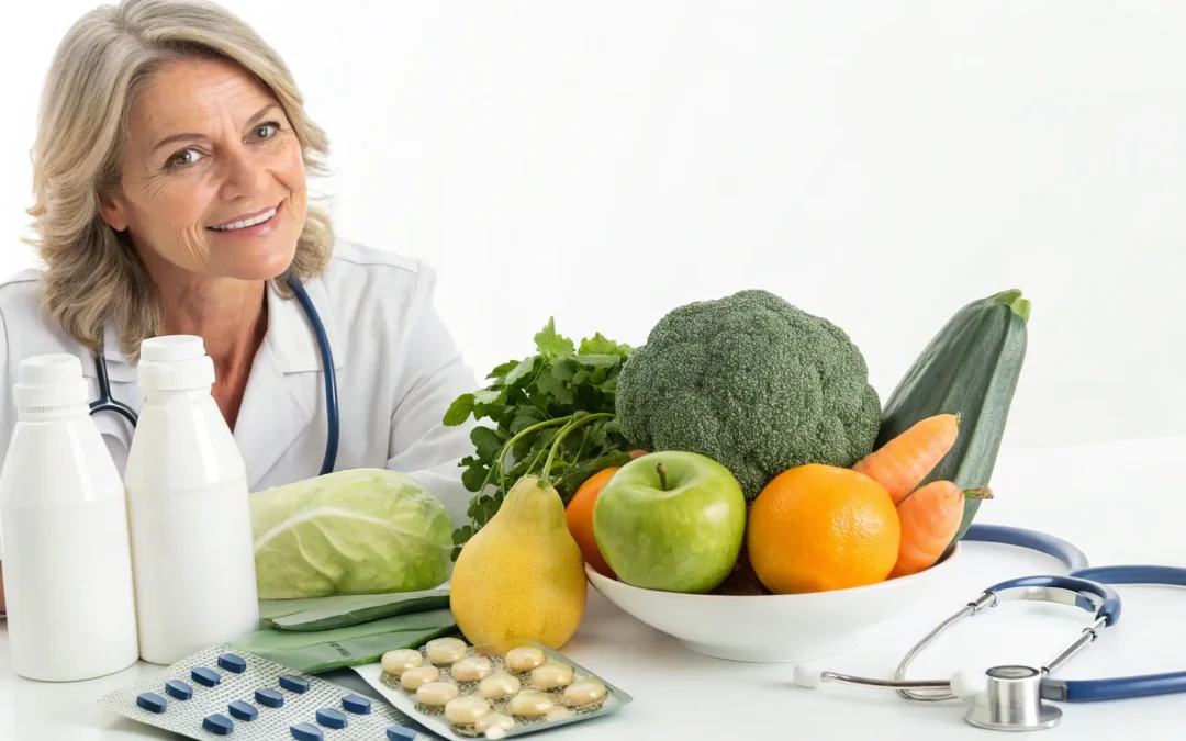 Functional medicine for perimenopause with a doctor, healthy foods, and supplements.