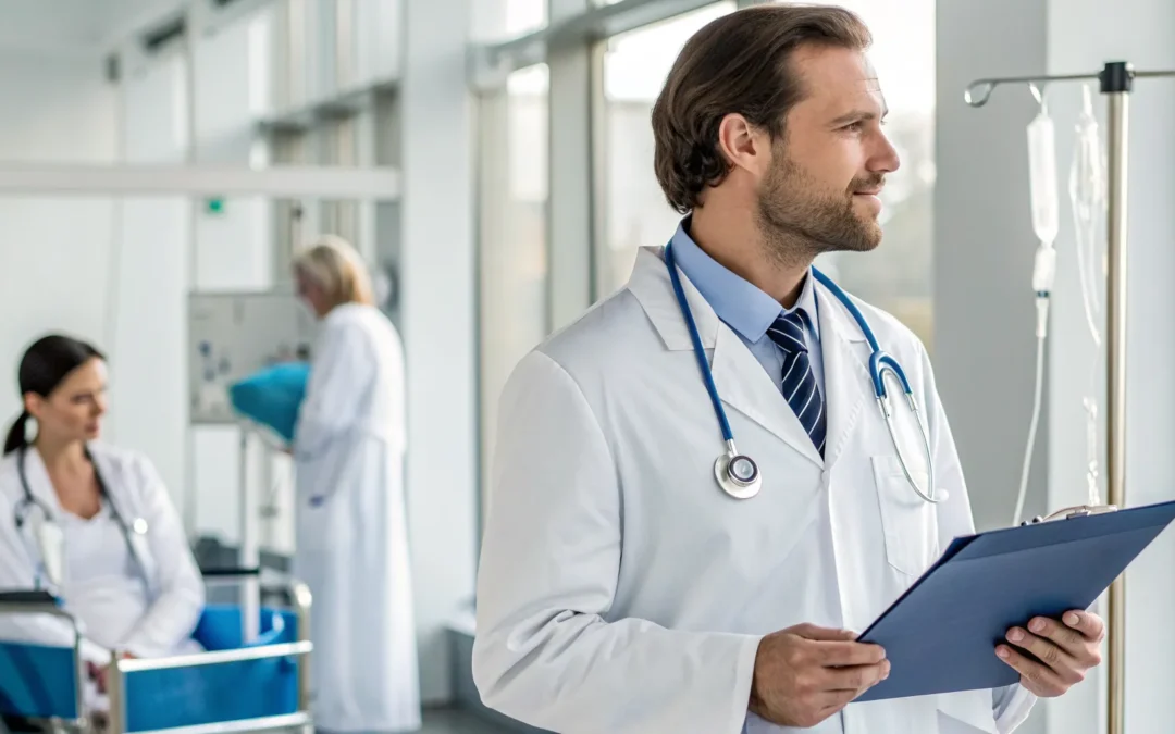 Doctor in a clinic with an IV drip explains NAD IV before and after results for wellness.