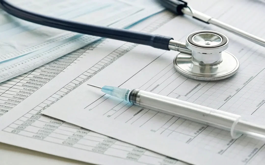 Medical forms detailing PRP injection cost with a stethoscope and syringe.