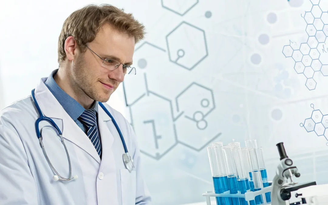 A biomedical autism specialist analyzes lab samples for a personalized care plan.