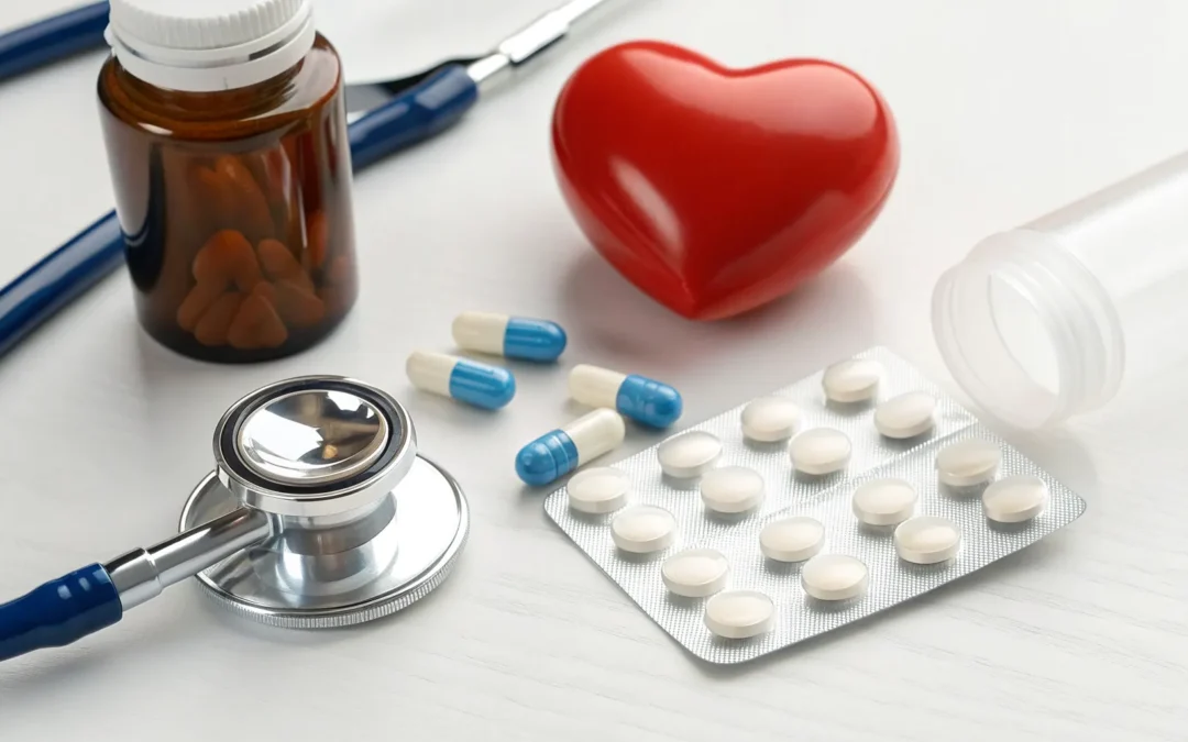 Stethoscope and pills on a table for a consultation about bioidentical hormone therapy.