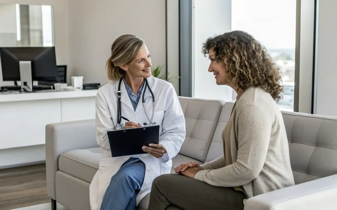 A doctor and patient at a bioidentical hormone consultation.