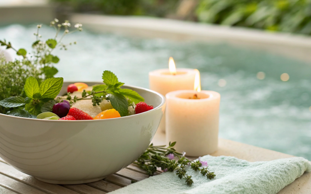 A wellness scene with herbs and fruit, ingredients used in the best supplements for menopause relief.