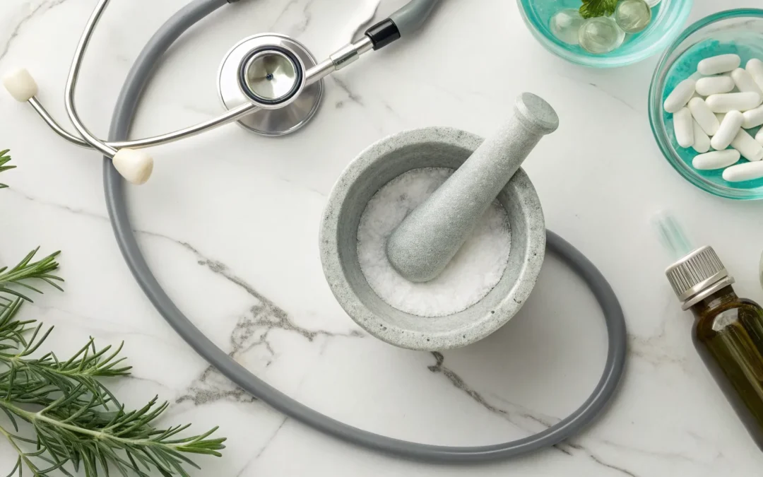 Functional medicine for Hashimoto's care in South Florida, featuring herbs, supplements, and a stethoscope.