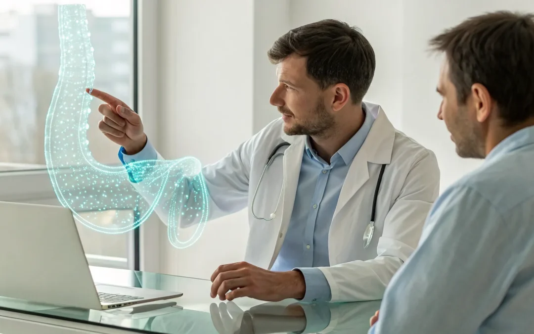 A functional medicine doctor for leaky gut explains the condition to a patient with a gut model.