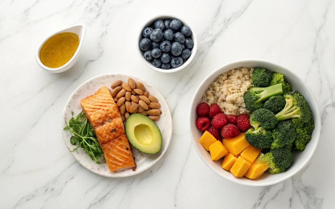Nutrient-dense plate of salmon, avocado, and broccoli for a Hashimoto's diet.