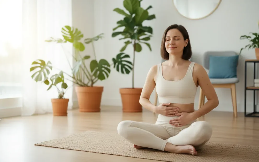 Woman relaxing in a wellness clinic with hands on her abdomen, representing gut health and natural healing