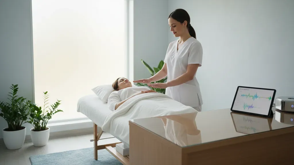 Practitioner using quantum energy healing alongside functional medicine lab tools in a wellness clinic