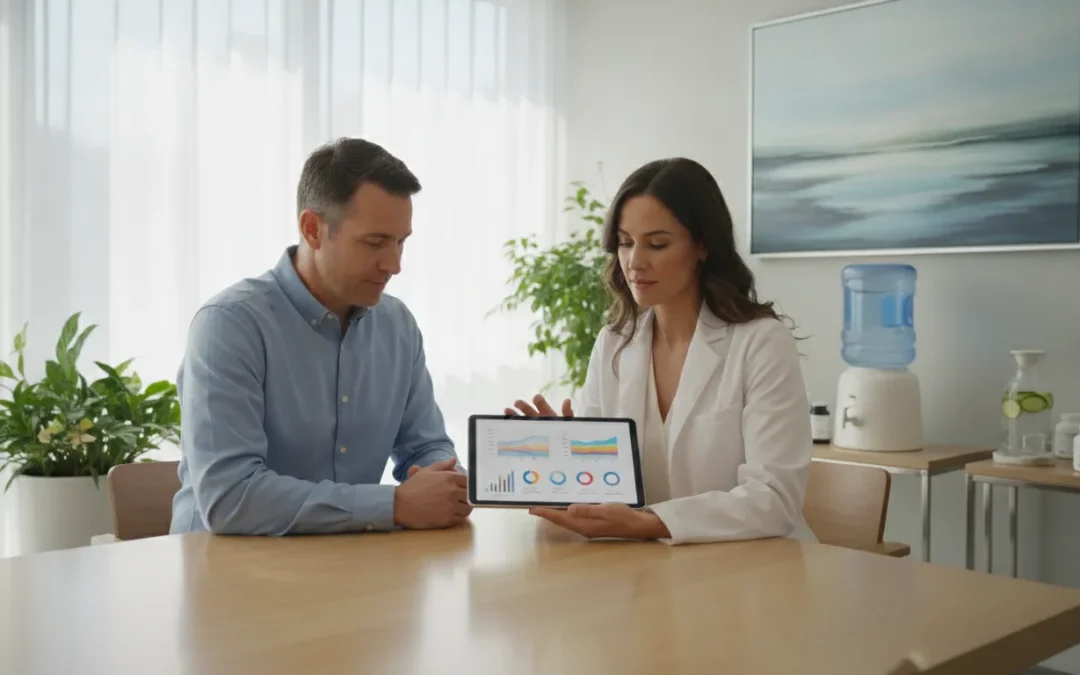Clinician and patient reviewing personalized lab results