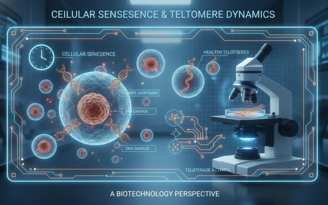 A scientific abstract visualization of cellular senescence and DNA telomeres