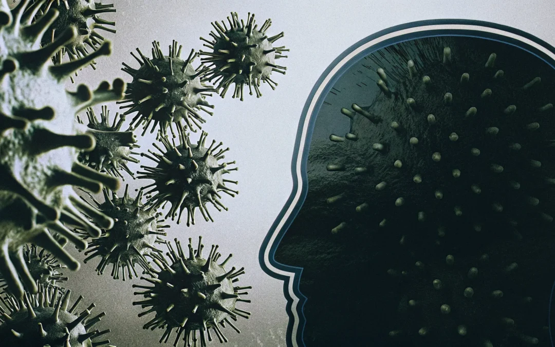 Microscopic view of metallic particles in a cellular environment with neurological pathways
