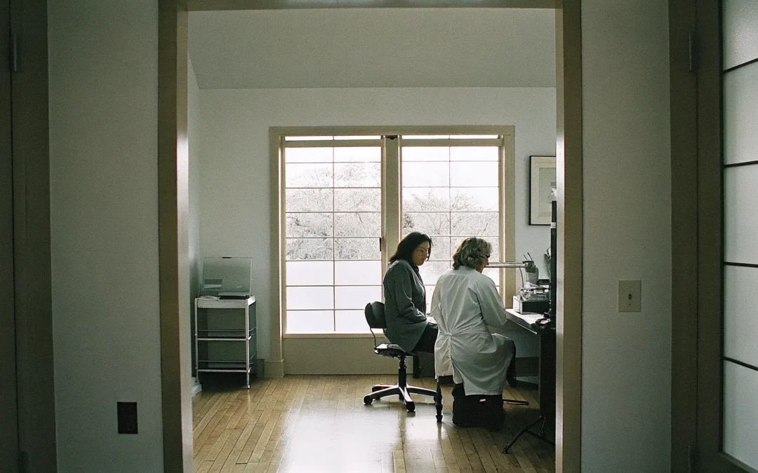 A patient having a comprehensive health consultation with a physician in an elegant concierge medical office
