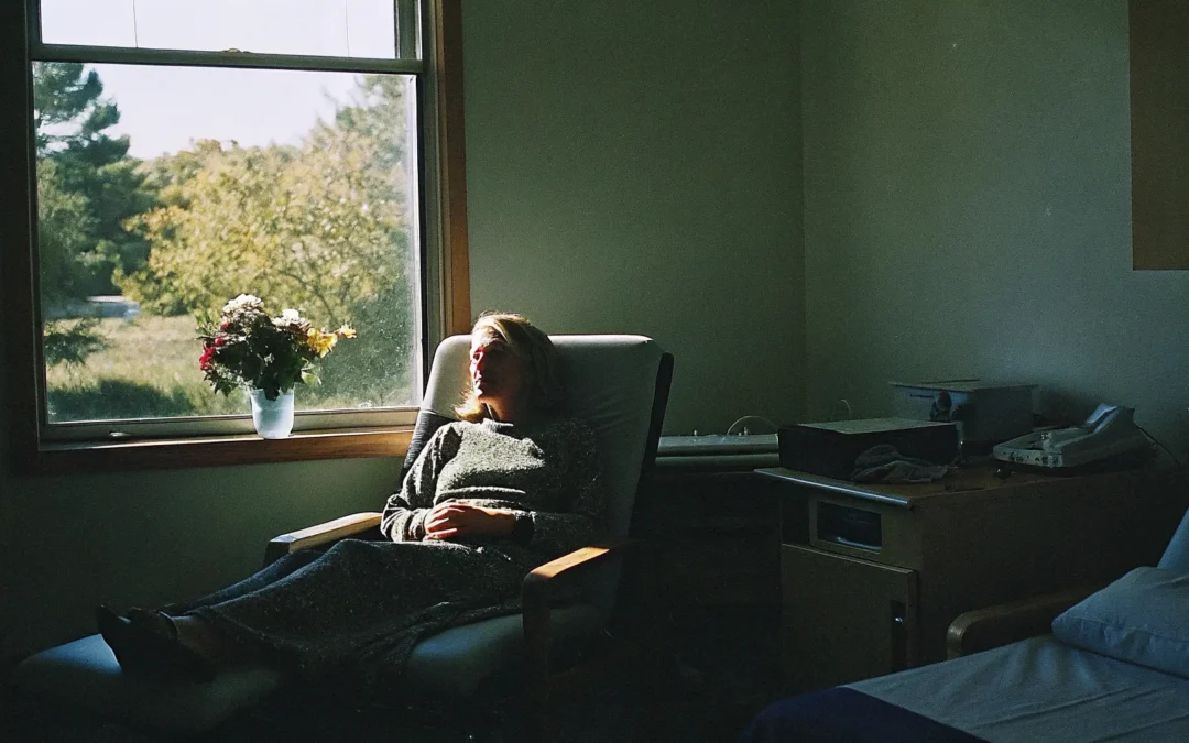 Woman in a calm, warm medical consultation room with soft natural lighting