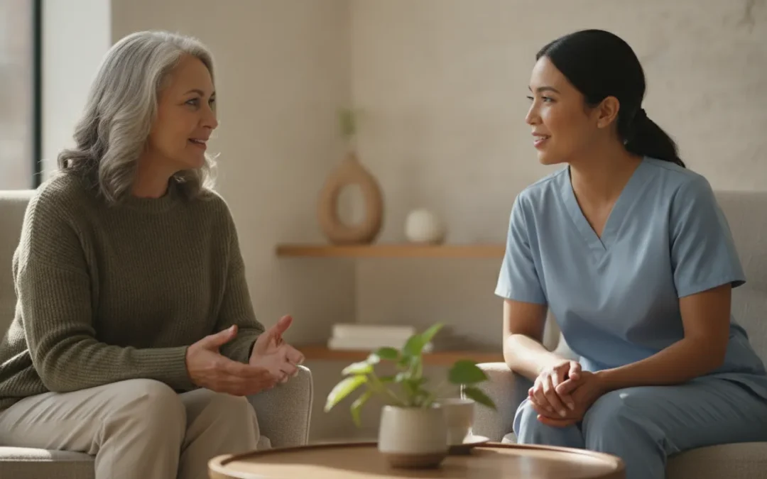 Woman discussing what are the signs that you need hormone replacement therapy with a physician