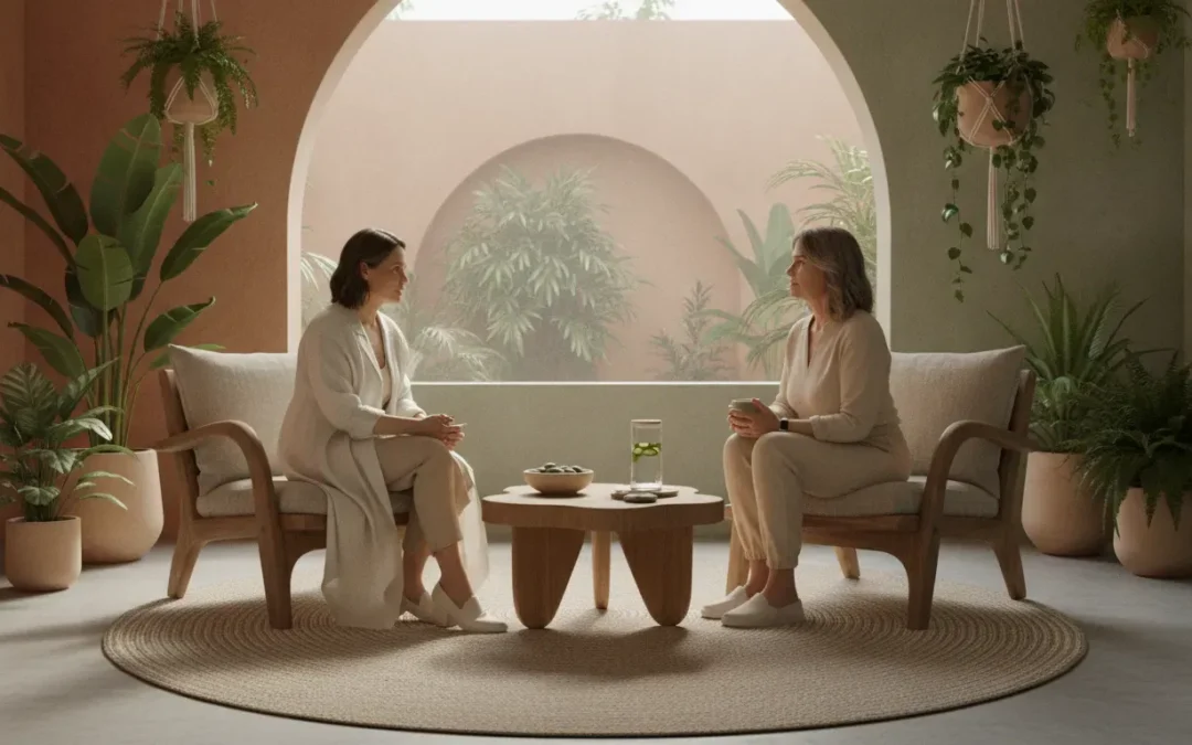 A physician speaking calmly with a patient in a modern, plant-filled concierge wellness office